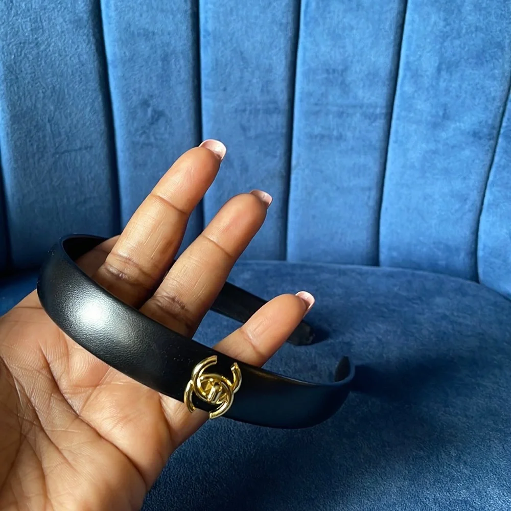 CHANEL Black Headband with Gold CC Charm